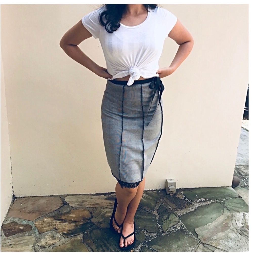 Grey Plaid Side Tie Midi Skirt